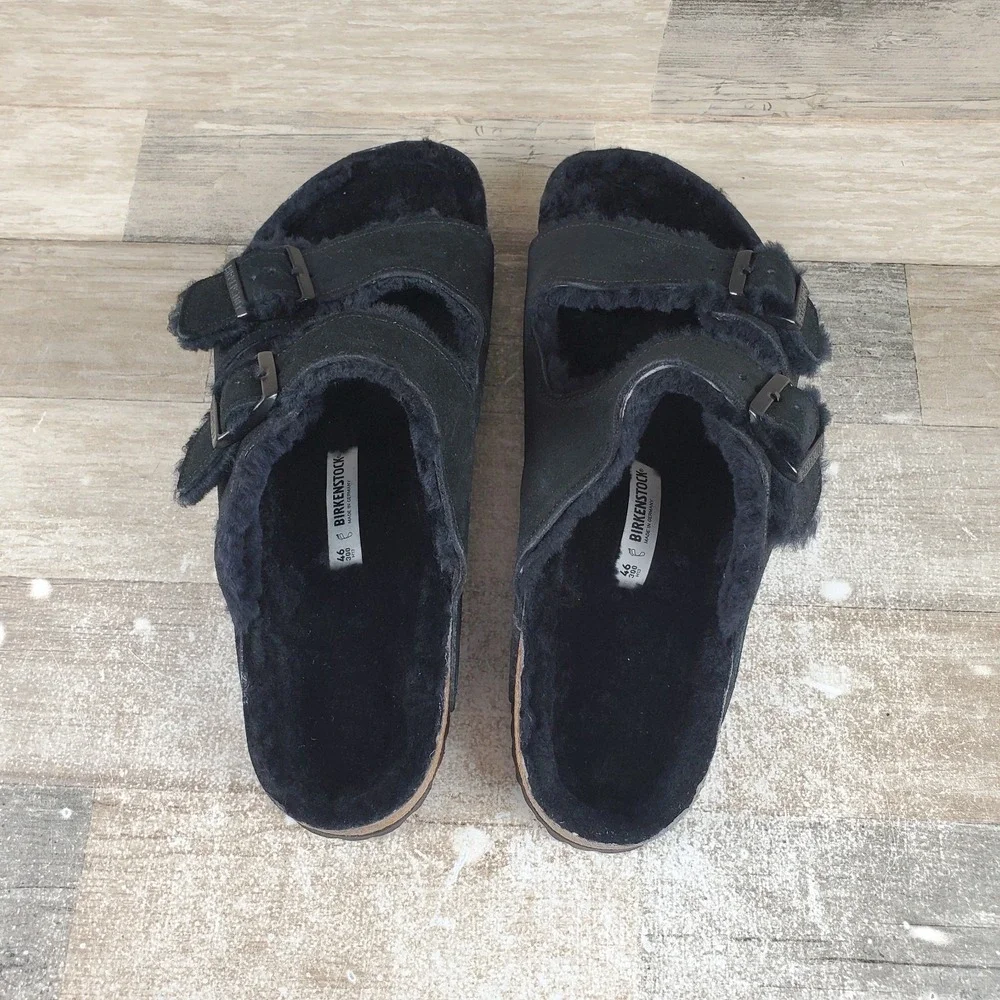 Birkenstock Arizona Shearling Black Sandals Mens Sz 13 Lined Slides NEW NWOB